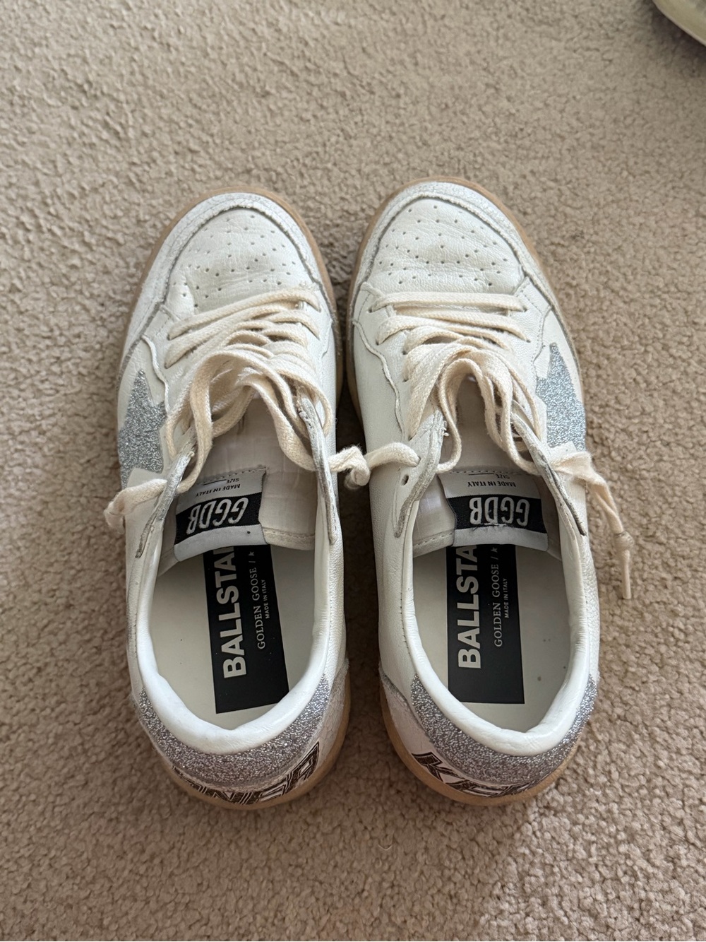 Golden Goose White Ball Star Leather Sneakers with Silver Glitter Star Accent - Picture 7 of 8